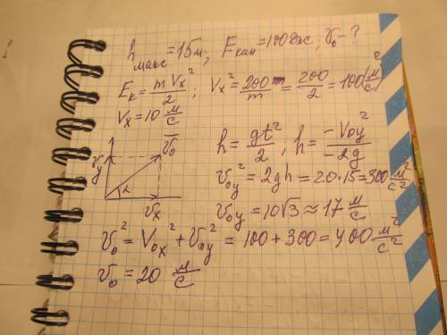 Тело массой 2 кг кинули под углом к горизонту. на максимальной высоте 15 м тело обладает кинетическо