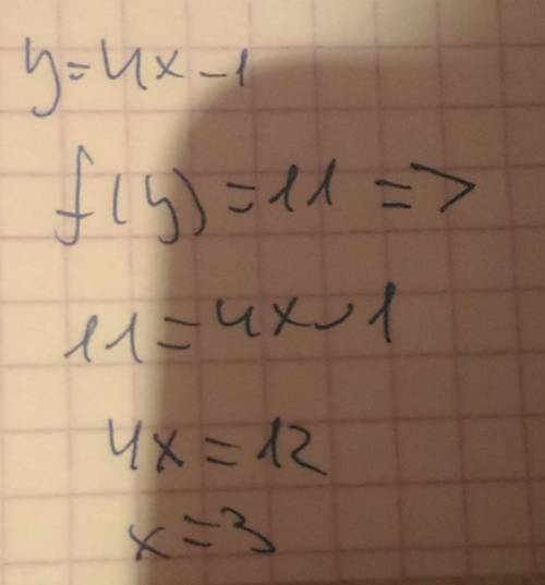 При каком значений x функция y=4x-1 принимает значение, равное 11