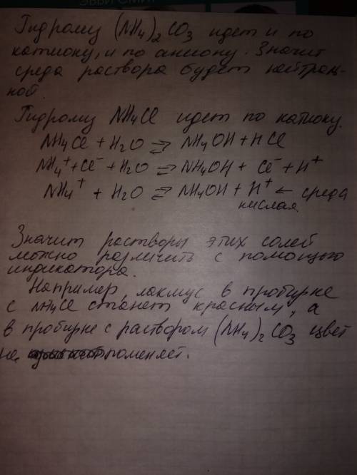 Можно ли при индикатора отличить друг от друга растворы солей? (nh4)2co3 и nh4cl