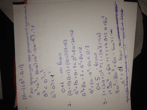 Доказать ,что при любых значениях a верно неравенство: 1) а^3 < (а+1)(а^2-а+1) 2) (а+7)(а+1)<