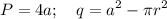 \displaystyle P=4a; \quad q=a^2-\pi r^2