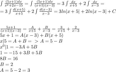 \int \frac{(5x+1)dx}{x^2+2x-15}=\int\frac{(5x+1)dx}{(x+5)(x-3)}=3\int\frac{dx}{x+5}+2\int\frac{dx}{x-3}=\\=3\int\frac{d(x+5)}{x+5}+2\int\frac{d(x-3)}{x-3}=3ln|x+5|+2ln|x-3|+C\\\\\\\frac{5x+1}{(x+5)(x-3)}=\frac{A}{x+5}+\frac{B}{x-3}=\frac{3}{x+5}+\frac{2}{x-3}\\5x+1=A(x-3)+B(x+5)\\x|5=A+B=\ \textgreater \ A=5-B\\x^0|1=-3A+5B\\1=-15+3B+5B\\8B=16\\B=2\\A=5-2=3