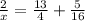 \frac{2}{x} = \frac{13}{4} + \frac{5}{16}