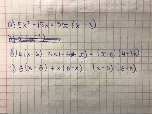 Вынесите за скобки общий множитель: а)5х(в квадрате)-15х б)х(х в -2)-4(х в квадрате-2) в)4(х-6)-3х(-