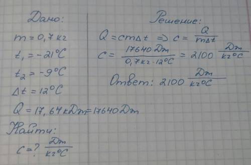 Кусок льда массой 0,7 кг нагревают от −21°c до −9°c, затрачивая при этом количество теплоты 17,64 кд