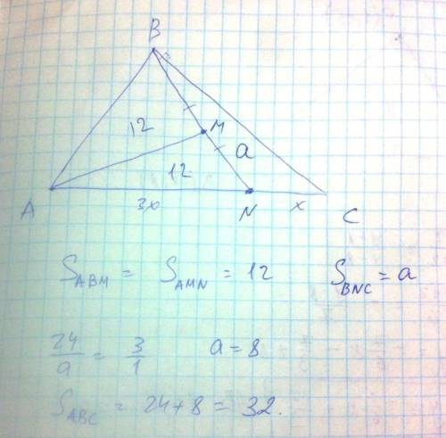 Втреугольнике авс аn: nc=3: 1, ам – медиана треугольника авn найдите площадь треугольника авс, если