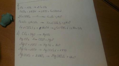 1)fe-> fecl3-> fe(oh)3-> fe2o3-> fe2(so4)3-> fe(oh)3 2)co2-> mgco3-> mgo-> m