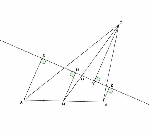 На прямую, проходящую через точку пересечения медиан треугольника медиан треугольника abc и пересека