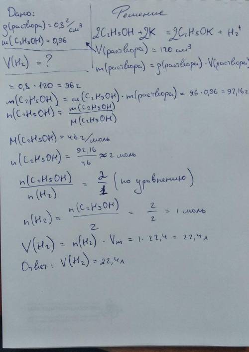 Вводный раствор этанола объемом 120 см3 (плотность 0,800 г/см3) с массовой долей спирта, равной 0,96