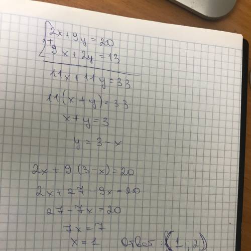 Решите сложения систему уравнений: 2х+9у=20 9х+2у=13