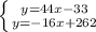 \left \{ {{y=44x-33} \atop {y=-16x+262}} \right.