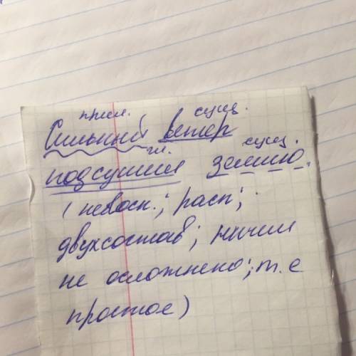 Выполнить синтаксический и пунктуационный разбор предложения: сильный ветер подсушил землю, разогнал