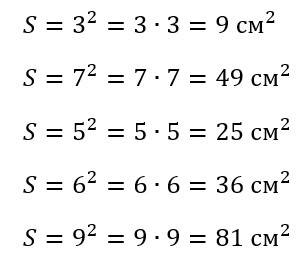 Найти площадь квадрата со стороной равной 3см; 7см; 5см; 6см; 9см.