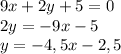 9x+2y+5=0\\ 2y=-9x-5\\ y=-4,5x-2,5