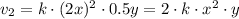 v_{2} = k \cdot (2x)^{2} \cdot 0.5y = 2 \cdot k \cdot x^{2} \cdot y