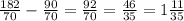 \frac{182}{70} - \frac{90}{70} = \frac{92}{70} = \frac{46}{35} = 1 \frac{11}{35}