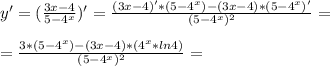 y' =( \frac{3x-4}{5-4^x} )' = \frac{(3x-4)'*(5-4^x)- (3x-4)*(5-4^x)'}{(5-4^x)^2} = \\ \\ = \frac{3*(5-4^x)- (3x-4)*(4^x *ln4)}{(5-4^x)^2} =