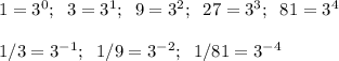 1=3^0; \; \; 3=3^1;\; \; 9=3^2;\; \; 27=3^3;\; \; 81=3^4\\\\1/3=3^{-1};\; \; 1/9=3^{-2};\; \; 1/81=3^{-4}