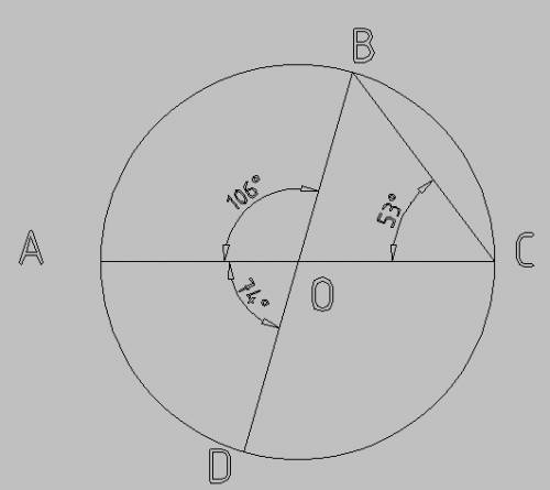Вокружности с центром о отрезки ac и bd - диаметры. угол aod равен 74 гр. найдите угол acb. ответ да