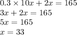 0.3 \times 10x + 2x = 165 \\ 3x + 2x = 165 \\ 5x = 165 \\ x = 33