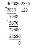 Разделите в столбик 362880: 114=? 362880: 378=? 362880: 2835=? 362880: 3024=?