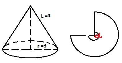Высота конуса 4, радиус основания 3, боковая поверхность конуса развернута на плоскость. найти угол