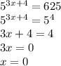 5^{3x+4}=625 \\ 5^{3x+4}=5^4 \\ 3x+4=4 \\ 3x=0 \\ x=0