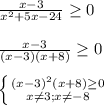 \frac{x-3}{x^{2}+5x-24 }\geq0\\\\\frac{x-3}{(x-3)(x+8)}\geq 0\\\\\left \{ {{(x-3)^{2}(x+8)\geq0} \atop {x\neq3;x\neq-8}} \right.