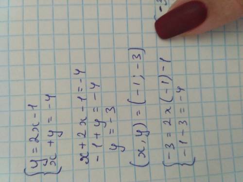 Решить систему уравнений графическим методом : y=2x-1 x+y= -4