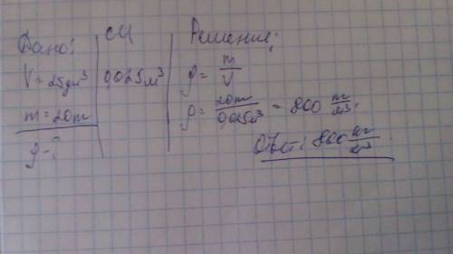 Вбак объёмом 25 дм3 налили 20 кг жидкости. найди плотность жидкости. какая это житкость?