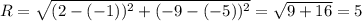 R= \sqrt{(2-(-1))^{2}+(-9-(-5))^{2} } = \sqrt{9+16} =5