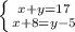 \left \{ {{x+y=17} \atop {x+8=y-5}} \right.