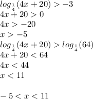 log_{ \frac{1}{4} }(4x + 20) - 3 \\ 4x + 20 0 \\ 4x - 20 \\ x - 5 \\ log_{ \frac{1}{4} }(4x + 20) log_{ \frac{1}{4} }(64) \\ 4x + 20 < 64 \\ 4x < 44 \\ x < 11 \\ \\ - 5 < x < 11