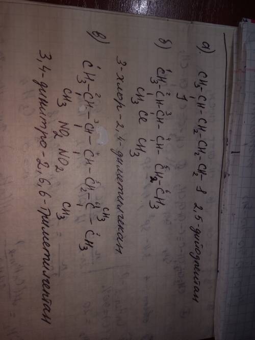 A. 2,5-дийодпентан б. 3-хлор-2,4-диметилгексон в. 3,4-динітро-2,6,6-триметилгентан іть будь ласка