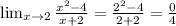 \lim_{x \to 2} \frac{ x^{2} -4}{x+2} = \frac{ 2^{2} -4}{2+2} = \frac{0}{4}