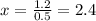 x = \frac{1.2}{0.5} = 2.4