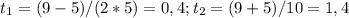 t_1=(9-5)/(2*5)=0,4; t_2=(9+5)/10=1,4