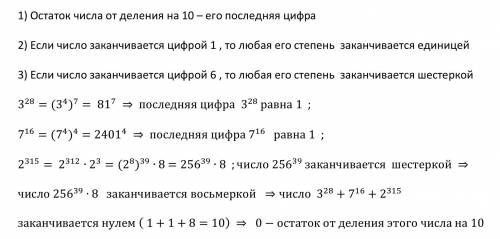 Найти остаток от деления 3^28 + 7^16 +2^315 на 10