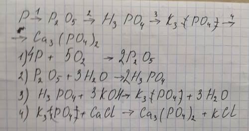 Решить цепочку реакций! р--> р2о5-> h3po4--> k3(> ca3(po4)2