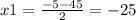 x1= \frac{-5-45}{2}= -25