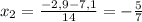 x_2=\frac{-2,9-7,1}{14}=-\frac{5}{7}