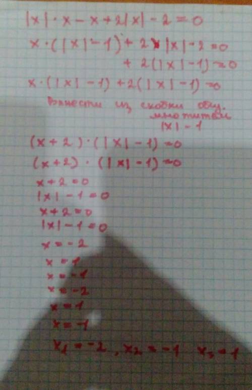 Хотя бы с одним уравнением: 1) |x|*x - x+2|x|-2=0 2) |x|*x - 3|x| - x+3=0 3) x^2 - x+1=|x|^0 4) x^2