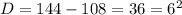 D=144-108=36=6^2