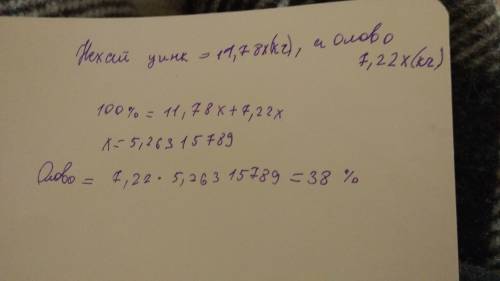 Сплавили 11,78 кілограмів цинку і 7,22 кілограм олова.який відсоток. сплаву скаладає олово?