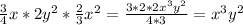 \frac{3}{4}x*2y ^{2}* \frac{2}{3} x^{2}= \frac{3*2*2x ^{3}y ^{2} }{4*3} = x^{3}y ^{2}