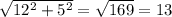 \sqrt{12^{2}+5^{2}} = \sqrt{169} = 13