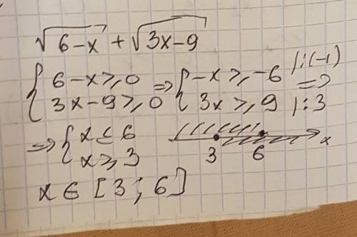 Найдите область допустимых значений выражения ✓6-х+✓3х-9