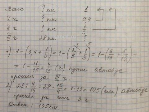 Впервый час автомобиль проехал 40% пути,вотвторой час 1/3 пути ,а в третий час остальные 28 км. како