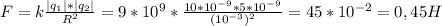 F=k \frac{|q_1|*|q_2|}{R^2} =9*10^9*\frac{10*10^{-9}*5*10^{-9}}{(10^{-3})^2}=45*10^{-2}=0,45H