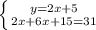 \left \{ {{y=2x+5} \atop {2x+6x+15=31}} \right.